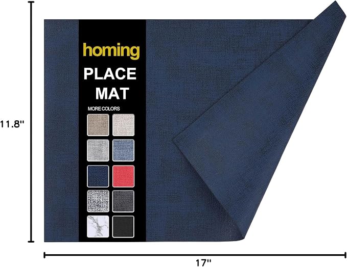 homing Faux Leather Heat Resistant Placemats 6 Packs, Waterproof Wipeable Dining PU Place Mats for Indoor & Outdoor, Easy to Clean, Dark Navy Blue