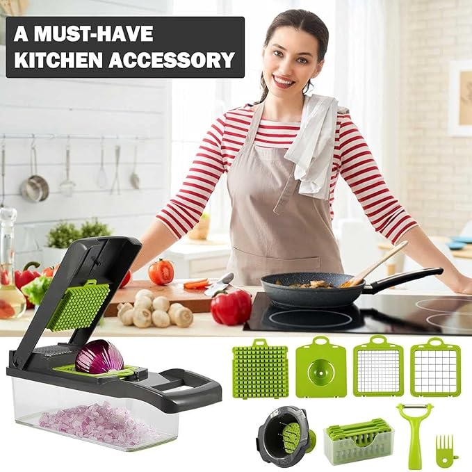 12 in 1 Pro Vegetable Chopper with Container, Multifunctional Veggie Chopper Dicer,Salad Chopper Box, Mandoline Slicer,Food Chopper with Sharp Blades, Easy to Clean