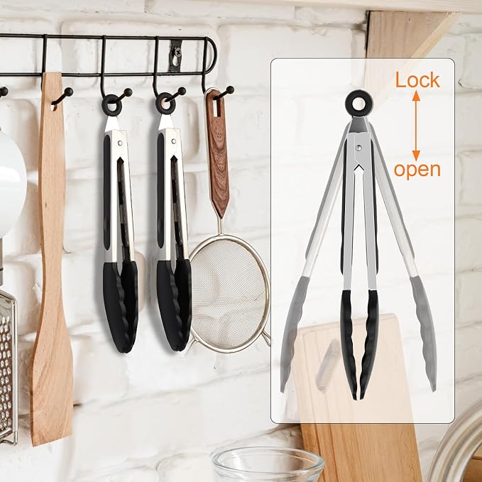 Premium Stainless Steel Heat Resistant Kitchen Tongs for cooking,set of 9" and 9" (Black),Non Scratch Silicone cooking Tong Tip for Cooking Pans,Strong Grip BBQ tongs for Grabbing Hot Food