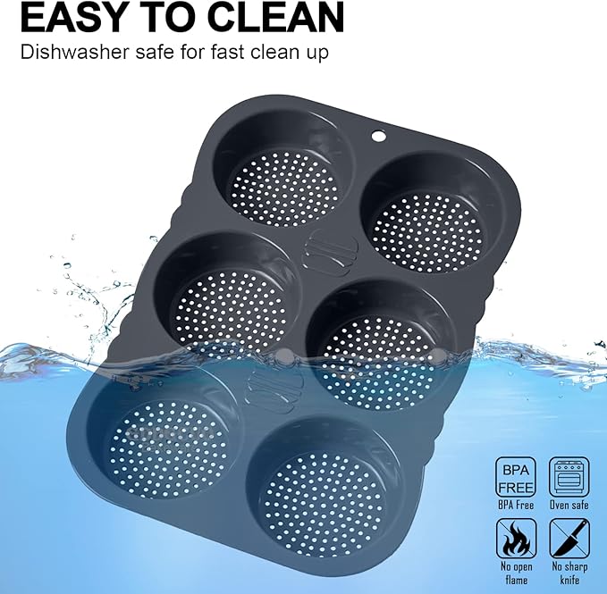 Hamburger Bun Pan, 4 Inch Silicone Hamburger Bun Mold, 6 Cup Big Baking Pan for Homemade Hamburger Buns, Dishwasher Safe