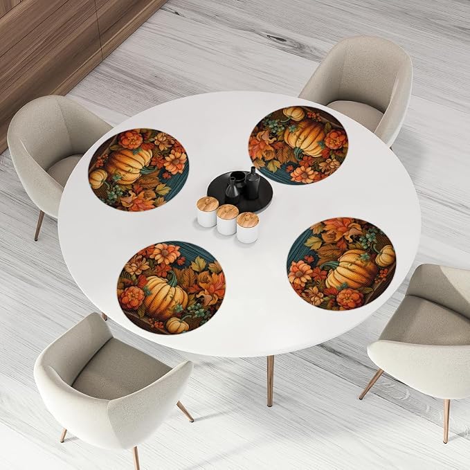 Round Placemats Set of 6, Autumn Pumpkin Sunflowers Leaves Woven Placemats Mats Non-Slip Heat Resistant Washable Table Mats Round Braided Place for Farmhouse Kitchen Dining Party Decor 15in