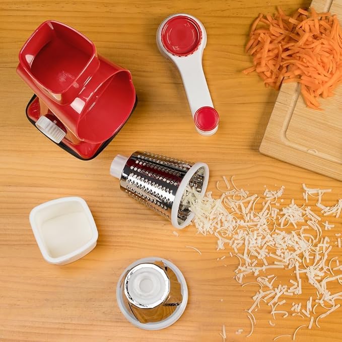 KEOUKE Rotary Cheese Grater Hand Crank Red - Shredder Slicer Grinder 3 Stainless Steel Blades, Stable Suction, Labor-Saving Handle, Safe Kitchen Tool for Cheese, Vegetable, Nuts, Chocolate