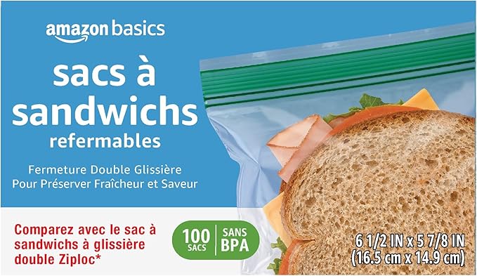Amazon Basics Reclosable Double Zipper Sandwich Storage Bags for Food Storage, BPA Free, 100 Count