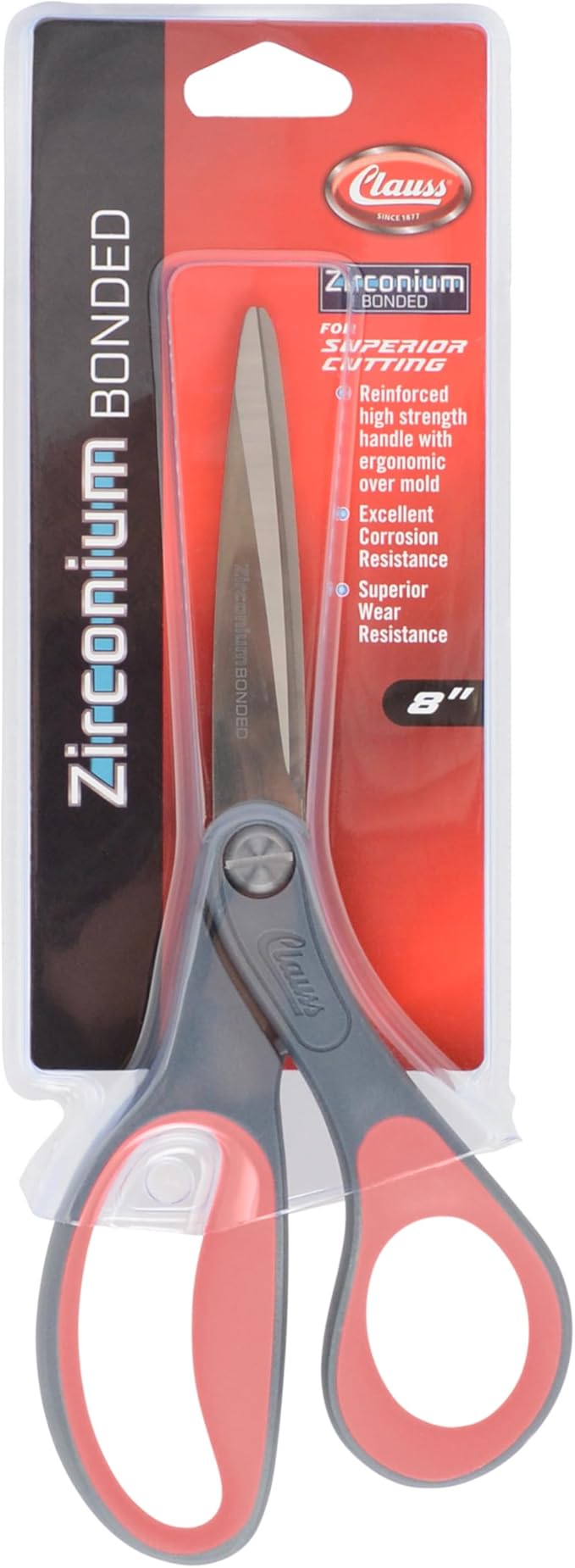 Clauss Industrial Heavy-Duty Zirconium Bonded Scissors, Ergonomic Overmolded Handle, Precision-Ground Blades, 8-Inch