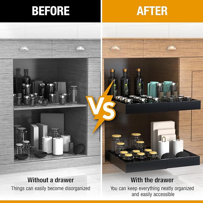 Expandable Pull Out Drawers for Cabinets (Black): Kitchen and Pantry Organizer, Sliding Cabinet Organizer with Adhesive, Under Sink and Pots Storage, 12.5"-20.5". expandable pull out cabinet organizer
