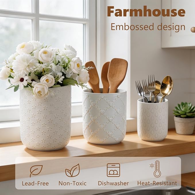 Kitchen Utensil Holder, Farmhouse Embossed Cooking Utensils Holder, White Ceramic Utensil Crock for Countertop, Large Utensil Organizer for Spatula, Spoon, Fork, Chopsticks, Set of 3