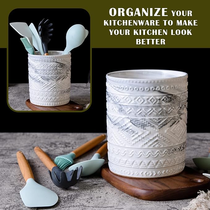 Yundu Grey Ceramic Marble Kitchen Utensil Holder for Countertop, Utensil Crock for Home Décor