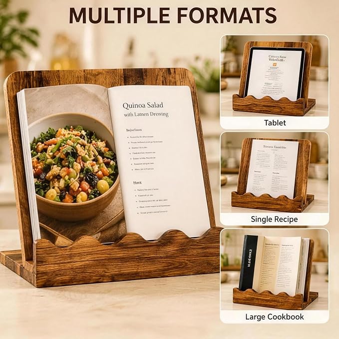 Wooden Cookbook Stand with Wave Edge Detachable Cutting Board Recipe Book Holder for Kitchen Countertop
