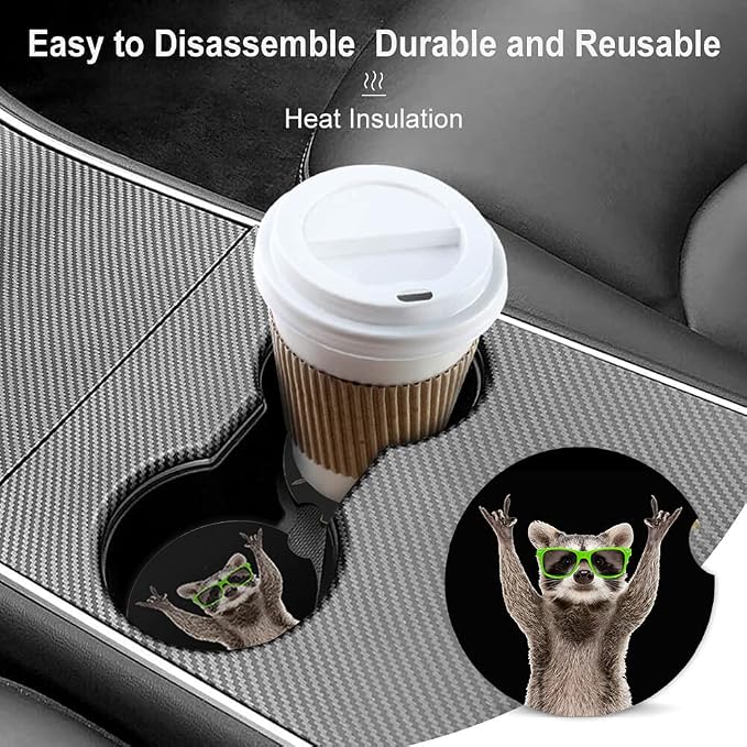 Funny Raccoon Absorbent Cup Holders Car Coasters,Ceramic Stone Drinks Coaster Set for Women Man 2.56"(2 Pack)