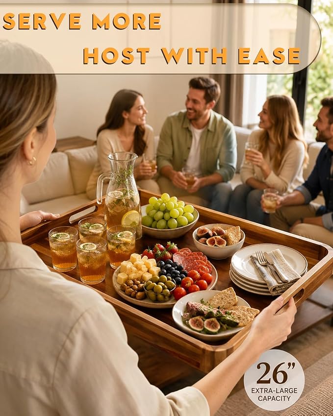 26" x 17" Acacia Wood Serving Tray with Handles & Rounded Corners | Huge Rectangular Wooden Ottoman Tray for Living Room, Kitchen, Coffee Table, Food Serving