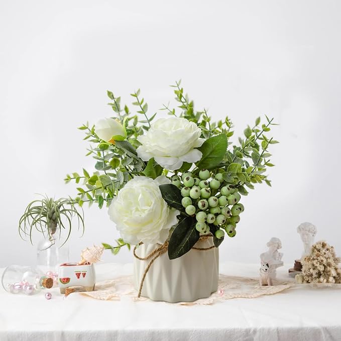 EOBTAIN Fake Flowers in Vase for Coffee Table Decor Faux Potted White Silk Flowers Decoration for Indoor Ceramic Vase with Artificial Plants Flowers Home Decor,Dining Table Centerpiece.