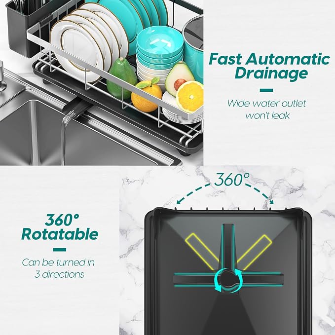 MERRYBOX Stainless Steel Dish Drying Rack for Kitchen Counter Sinkļ¼Rustproof Stainless Steel Dish Rack with Large 3-Compartment Utensil Holder