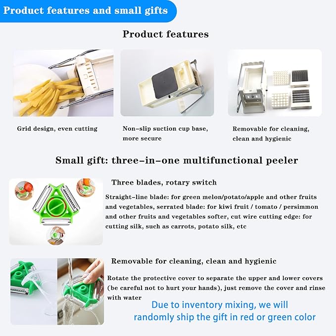 French Fry Cutter, Potato Slicer French Fries with 2 Different Sizes Stainless Steel Blades and No-Slip Suction Base for Potatoes Carrots Cucumbers