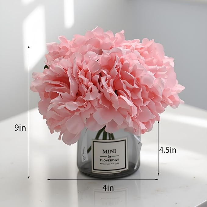 Artificial Pink Peony Flowers in Vase,Wedding Table Centerpiece Home Decor | Realistic Silk Faux Peonies with Small Glass Vase, Fake Flower Table Centerpiece for Bedroom Cafe Wedding Indoor Decoration