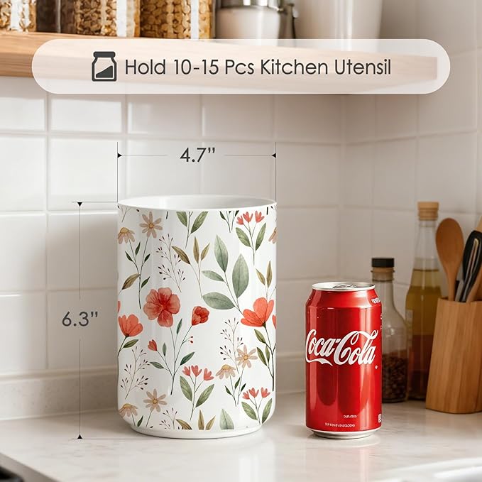 Wildflowers Utensil Holder,Countertop Ceramic Utensil Holder,Large Cooking Utensil Crocks for Kitchen Counter Decor,Ceramic Vase for Kitchen Utensils,6.3"+4.7"(safflower)