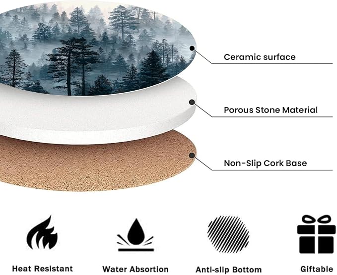 Misty Pine Forest Coasters for Drinks Set of 6, Round Absorbent Ceramic Coaster with Metal Holder, Watercolor Woodland Landscapes Coasters with Cork Base for Coffee Table, Home Decor, Gifts