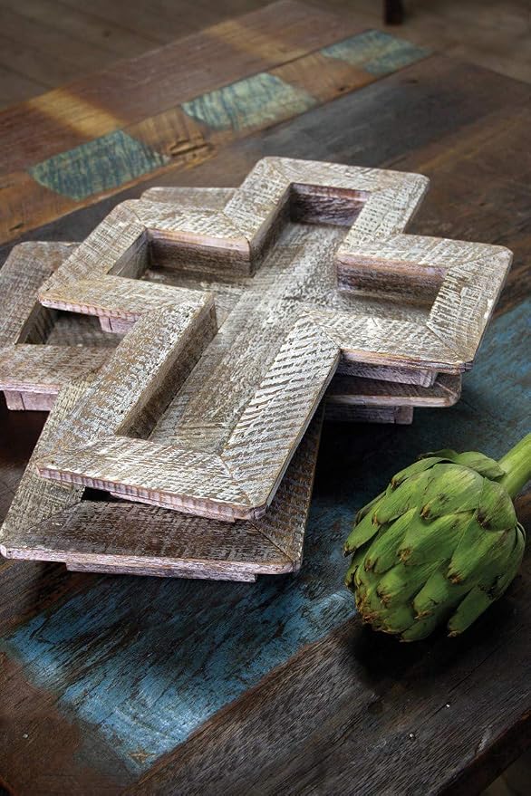 Kalalou Whitewashed Wooden Cross Tray, Set of 2