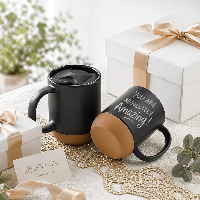 DOWAN Coffee Mugs, 15 oz Mug Set of 2, Large Ceramic Coffee Mug with Silicone Bottom and Spill Proof Lid for Mom Dad, Big Mug for Latte Tea, Matte Grey