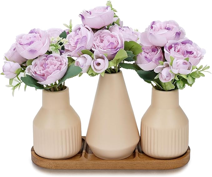 Flower Table Centerpiece - Dining Table Centerpiece Decor Set of 3 Fake Peonies in Ceramic Vases & Wood Tray Modern for Kitchen Island Living Room Coffee Table Home Decor (Light Purple)