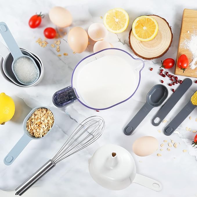 15 Pieces Measuring Cups and Spoons set, Includes 10 Stackable Measuring Cup with Lid and 5 Mini Stainless Steel Measuring Spoons, Teaspoons for Liquid and Dry, BPA Free, Dishwasher Safe