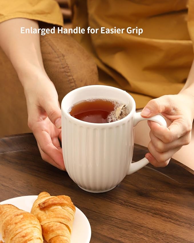 HASENSE 20 Oz Ceramic Coffee Mug with Handle, Modern Ribbed Design Tea Cup, Dishwasher & Microwave Safe, Ideal for Latte, Cocoa, Coffee & Holiday Gifts (Thanksgiving, Christmas), White