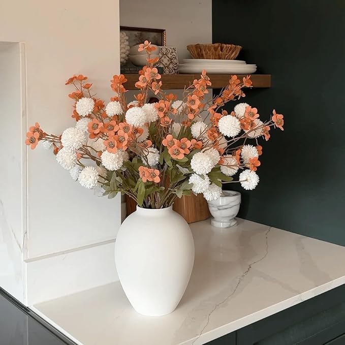 SilkSerenade White Silk Kiku Flower Arrangements with Eucalyptus & Umber Wild Flowers for Home Decor, Fake Flores Long Orange Tall Mums Earthy Rust Stems Artificial Floral Kitchen Dining Centerpieces