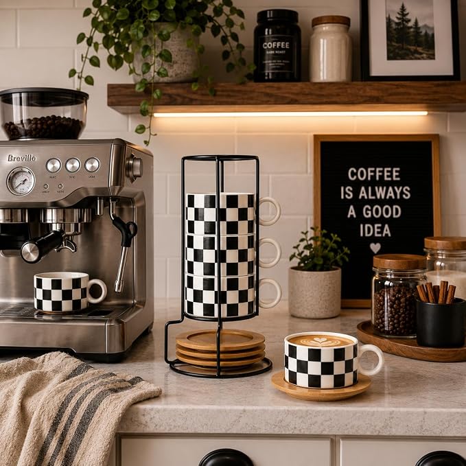 LUKA 6 Ounce Ceramic Stackable Black and White Checkered Espresso Cups with Saucers and Metal Stand Set of 4, Cappuccino Cups Set for Coffee Drinks, Latte, Cafe Mocha and Tea, White Interior
