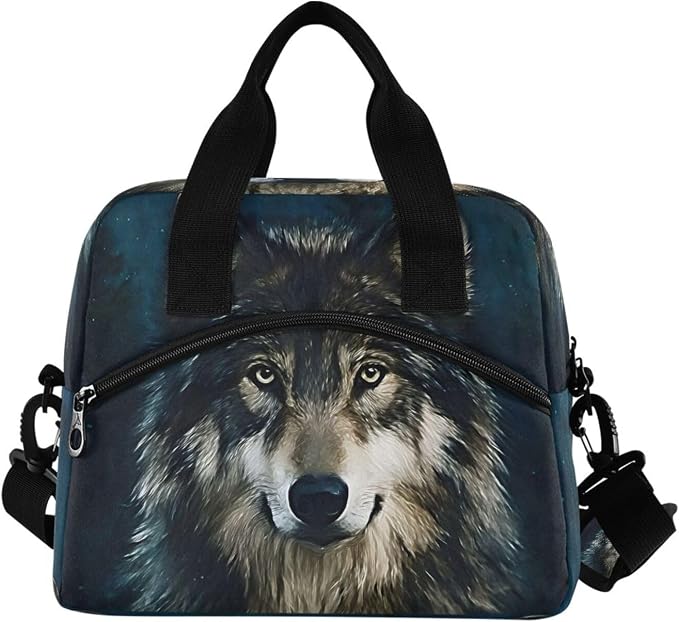 Wolf Lunch Box Wolves Galaxy Insulated Lunch Bag Animal Head Lunchbox Adult Women Cooler Bag Reusable Lunch Tote Bag Shoulder Bag for Work School Picnic
