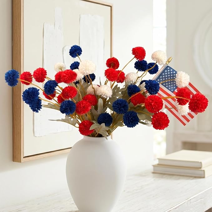 Red White and Blue Artificial Flower Arrangement 12 Stems with American Flag, 4th of July Table Decorations Centerpiece for Patriotic Home Decor, Independence Day Party, Memorial Day Decor