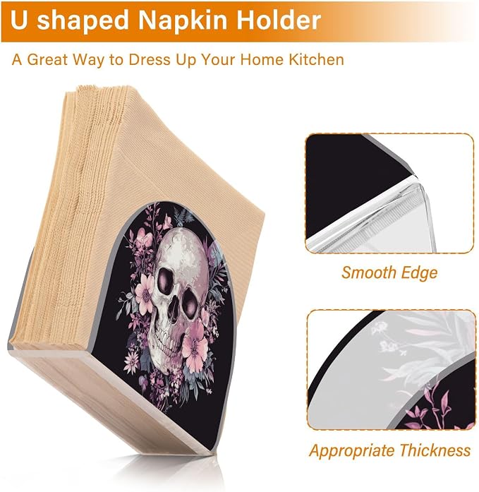 Fustylead Skull and Floral Gothic Black and Purple Napkin Holder for Table Acrylic Vertical Napkin Holders for Paper Napkins Decor Napkin Dispenser for Home Party Dining Cocktail Kitchen, 2 Pack