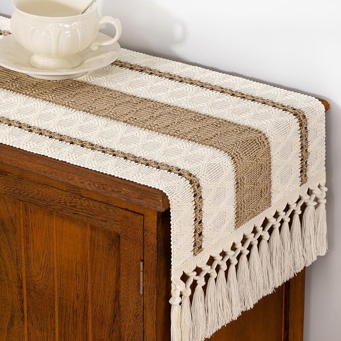 Boho Woven Cotton Linen Table Runner Brown & Ivory 11"x108" with Tassels Rustic Macrame Farmhouse Table Runner for Summer Dining Room Wedding Kitchen Party