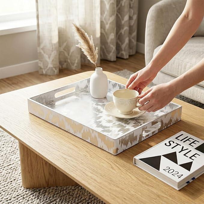 White & Silver Glitter Abstract Serving Tray with Handles, 15.8”x11.7”x1.6” Rectangular Decor Tray – Multipurpose for Breakfast in Bed, Bathroom Vanity, Living Room & Entertaining