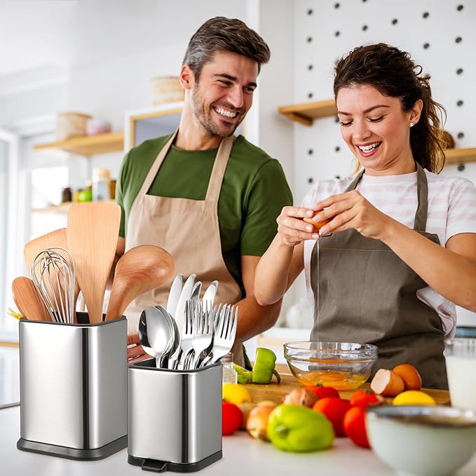MorningRo 2 Pcs Kitchen Utensil Holder for Countertop Stainless Steel Utensil Caddy, Spoon Spatula Organizers with Drainage Holes Small Flatware Utensil Crock for Kitchen Counter, Silver(Square)