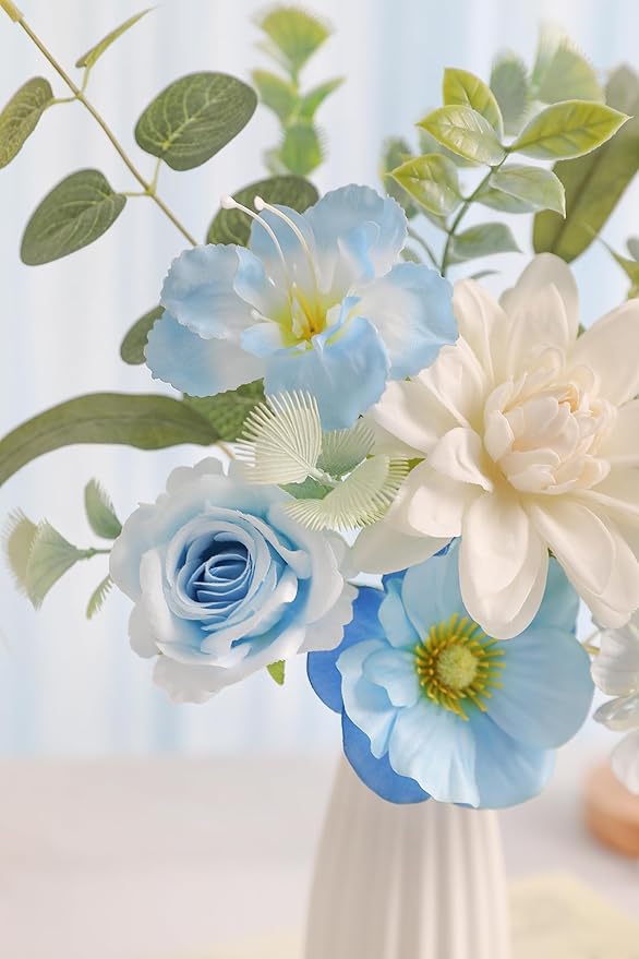 Small 11.8" Artificial Flowers in Ceramic Vase - Blue Silk Flower Centerpiece for Dining Table, Office, Wedding & Farmhouse, Home Decor Gifts