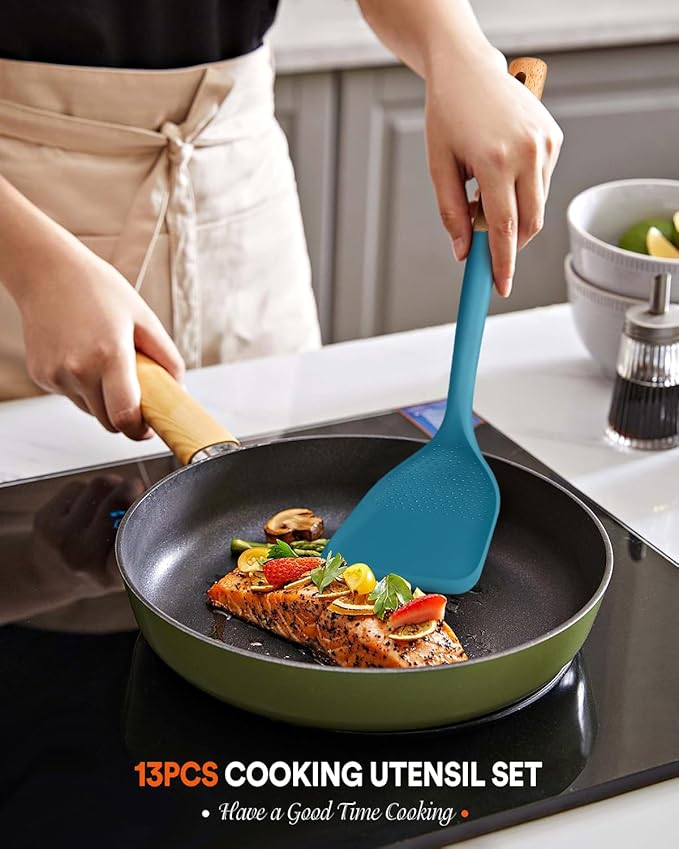 Kitchen Utensils Set, 13PCS Silicone Cooking Utensils, Heat Resistant Kitchen Utensil Spatula Set for Nonstick Cookware, Wooden Handles Kitchen Gadgets Tools Set (BLUE)