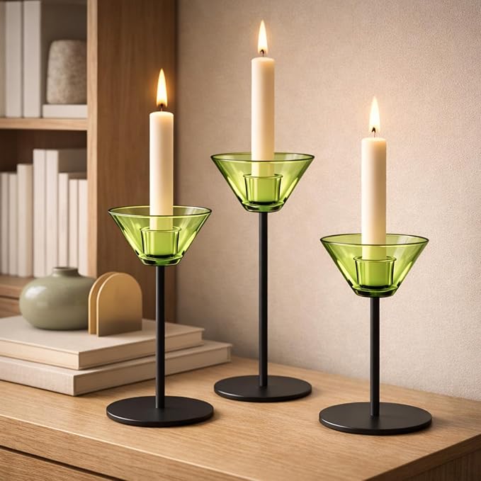 Smytle Emerald‑Green Glass Candlestick Holders, Green Tea Light Candle Holders with Weighted Matte‑Black Metal Base, Botanical Table Decor for Dining, Wedding & Holiday