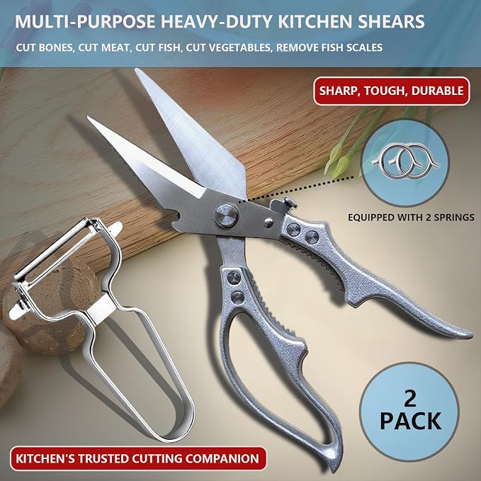 Professional Poultry Shears Heavy Duty – Multifunctional Kitchen Scissors with 2 Extra Springs, Kitchen Shears with Safety Lock & Non-Slip Handle for Chicken,Fish,Veggies, Dishwasher Safe