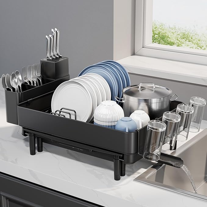 Expandable Dish Rack with Drainboard - Stainless Steel Dish Drainer with Removable Cutlery Tray, Foldable Cup Holder, Elevated Feet, Multifunctional Drainboard for Sink Countertop Kitchen Storage
