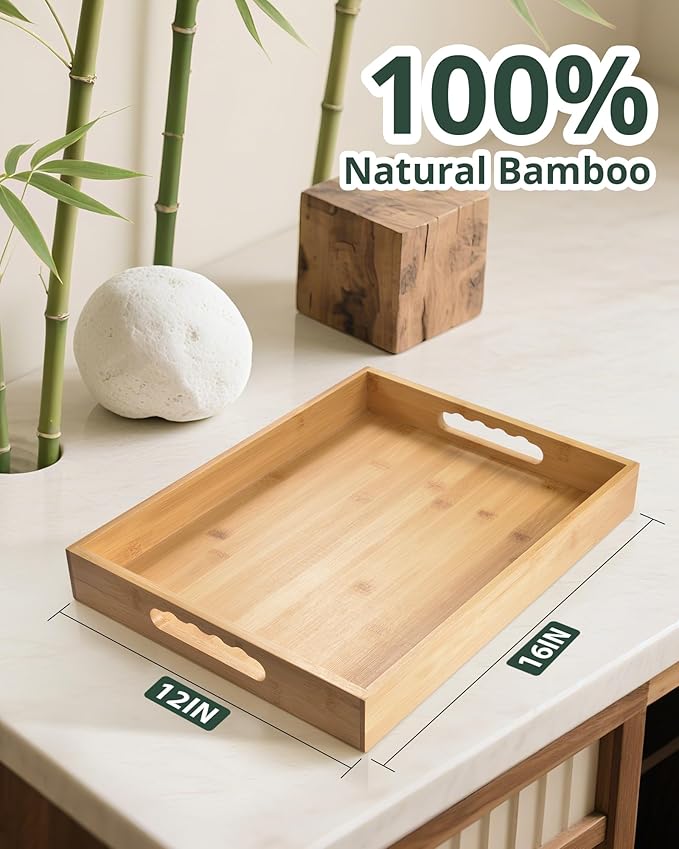 Bamboo Serving Tray with Handle, Breakfast in Bed Tray with Removable Silicone Mat, for Pantry Living Room Bathroom Tea Bar
