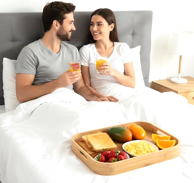 Set of 2 Bamboo Serving Trays with Handles, 2 Sizes Rectangular Solid Wooden Breakfast Trays with Arc Angles for Food, Dinner, Tea, Coffee, 15.7" L x 11" W & 13" L x 8.6" W