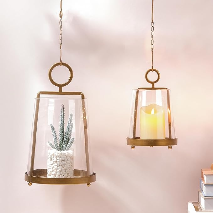 9" & 6" Wide Modern Farmhouse Metal Hurricane Candle Holder with Handmade Sturdy Glass Sleeve in VintageBrass for Pillar Candle & Plants, Glass Hurricane Lantern, Industrial, Minimalistic
