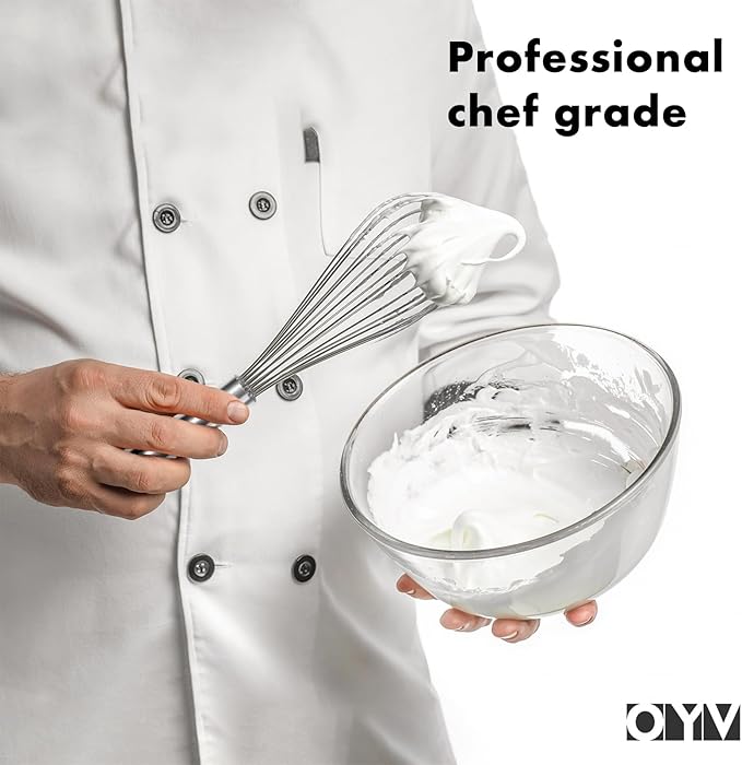 OYV 8" Whisk, Ergonomic Handle, Dishwasher Safe 18/10 Stainless Steel Whisk, Professional Kitchen Metal Wisk, Perfect for Whisking, Blending, Beating, and Baking