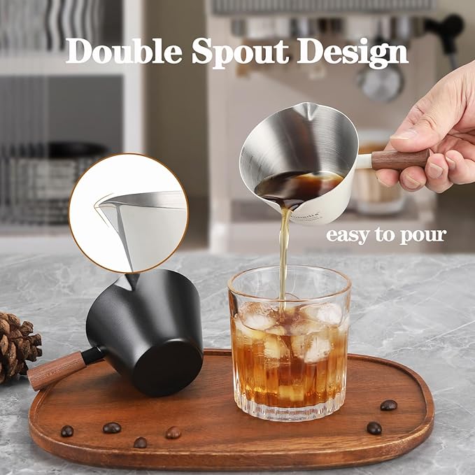 Mongdio 2 Pcs Espresso Measuring Cup, Stainless Steel Espresso Shot Cups with Wooden Handle and Double Spouts, 6.8OZ/200ML, Silver