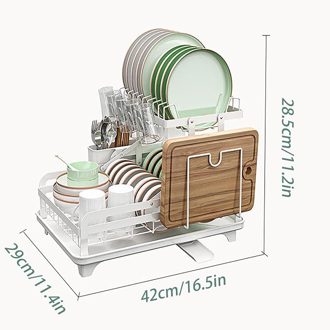 2 Tier Dish Drying Rack Automatic Drainage Board Space-Saving for Kitchen Counter with Cups Holder