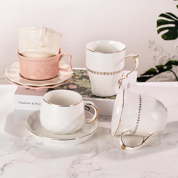 KAMMAK Ceramic Mug Set of 2, 10oz Porcelain Elegant Coffee and Tea Cups, Vintage Breakfast Mugs, Ideal for Birthday - Afternoon Tea & Housewarming Gifts (YFH21)