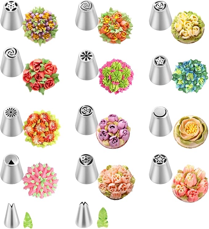 27-Piece Russian Piping Tips Set - Icing Bags and Tips Set Cake Decorating(12 Icing Tips 10 Pastry Baking Bags 2 Leaf Piping Tips 2 Couplers 1 Silicone Bag)