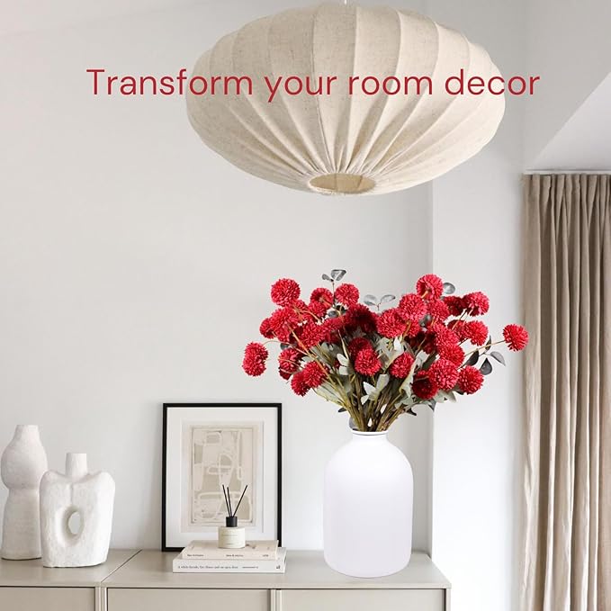 RyddeligHome Faux Red Flowers Artificial 10 Long Stems + Eucalyptus, Burgundy Wine Colored Silk Mum Flowers for Decor, Fall Table Centerpieces, Dark Red Faux Mums