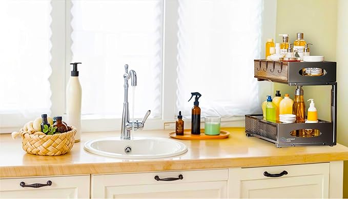Metal Under Sink Organizer for Kitchen and Bathroom, With 3M Self Adhesive Holder, Slide Out Storage Rack, Adjustable Height, 2-Tier Easy Access Baskets, 4 Hanging Hooks