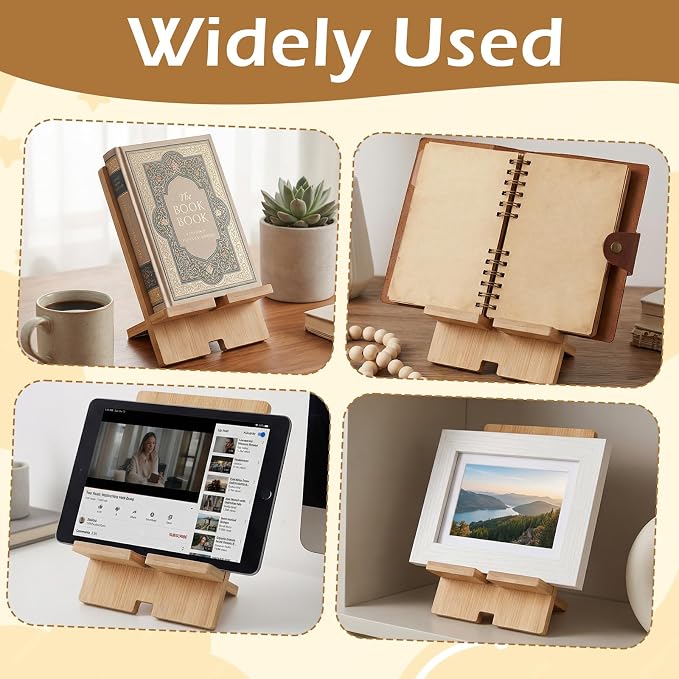 4-Pack Bamboo Book Display Stand, Adjustable Wooden Cookbook Holder & Plate Easel for Display, Splinter-Free Recipe Book Stand for Kitchen Counter, Tablets, Photos, Textbook, Art (6.6x3.9”)