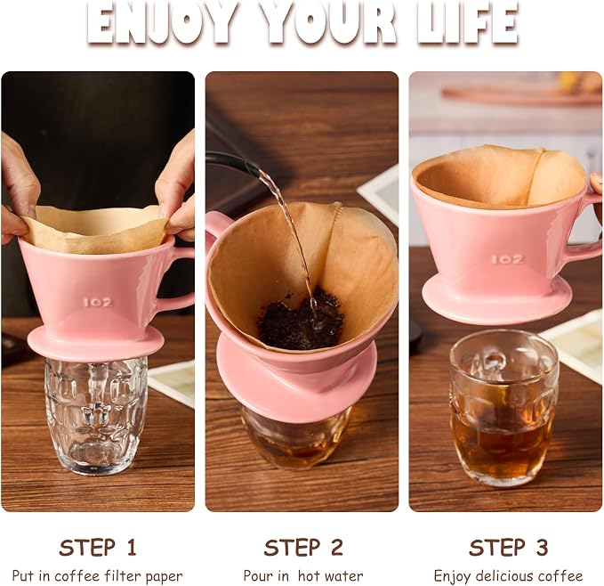 Pour Over Coffee Dripper, Ceramic Pour Over Coffee Maker with 3 Holes Flat Bottom, Easy Manual Brew Maker, Porcelain Slow Filter Cone for Travel, Camping, Office, Home,Pink